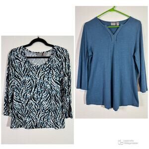 Lot of 2 Chico's Size Small (0) Blue Split Neck Blue/Black/White Patterned Tops